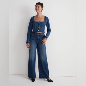 Madewell Dark Blue Denim Button-Front Square-Neck Top